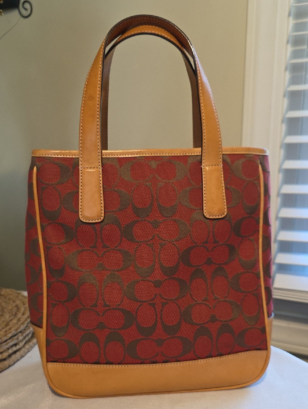 Coach Red and Brown Signature Canvas Tote with Tan Leather Trim